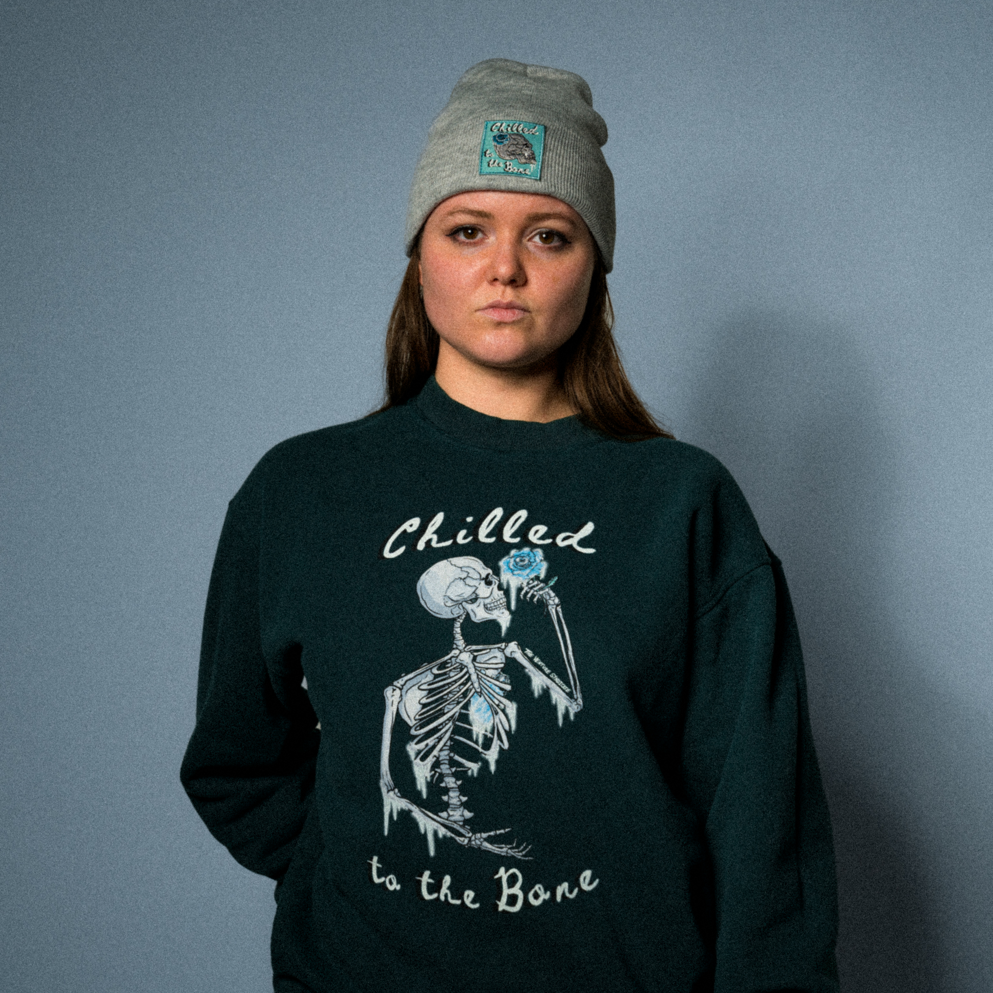 model wearing chilled to the bone crewneck and beanie